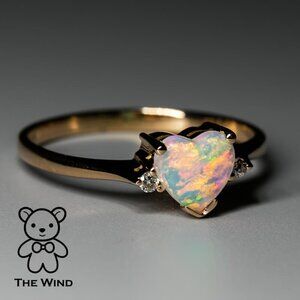Heart Shaped Solid Opal & Diamond Engagement Ring in 18K Rose Gold